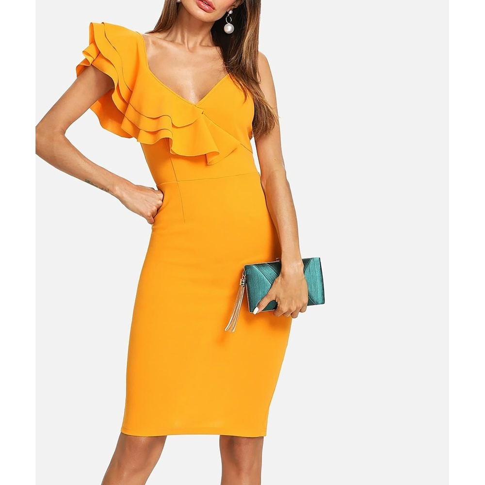 Yellow Ruffle Sleeve Bodycon Pencil Midi Dress